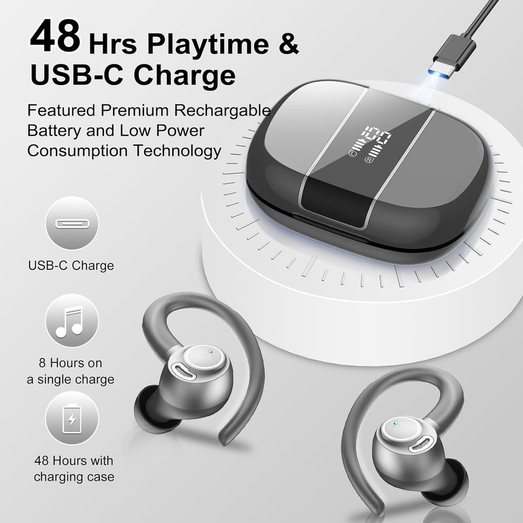 Wireless Earbuds Bluetooth 5.3 Headphones Sports, 48Hrs Playtime Bluetooth Earbuds with CVC 8.0 Mic, Stereo Bass Over Ear Bud with Earhooks, LED Display, IP7 Waterproof Earphon for Running Gray
