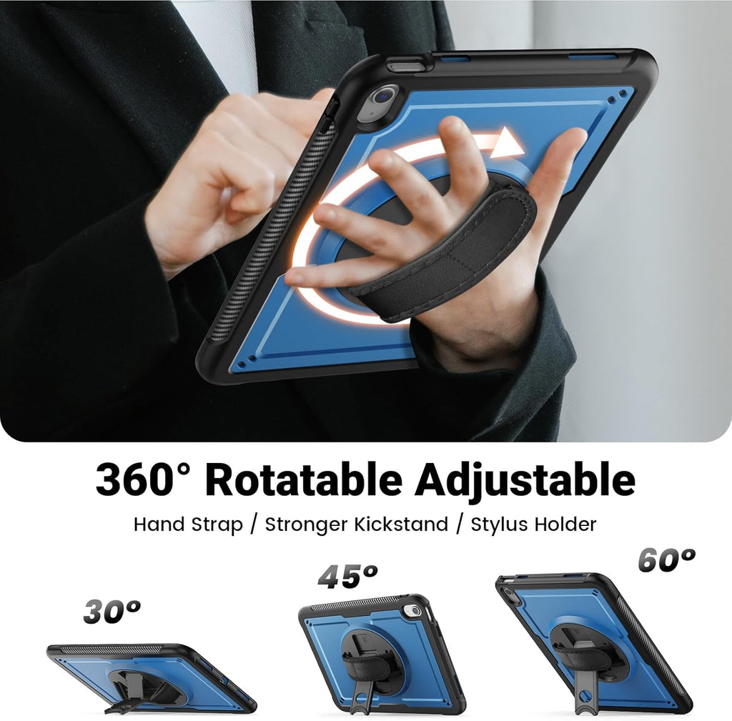 SCSVPN Case for iPad A16 11th Generation 11 Inch 2025/10th Gen 10.9'' 2022, Slim Hard Shockproof Protective Case with Screen Protector, Pencil Holder, Rotating Stand, Hand/Shoulder Strap - Navy Blue