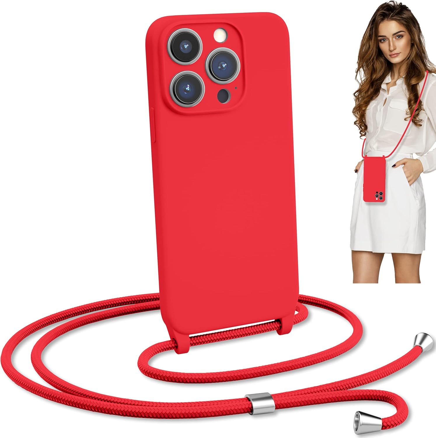 Blaspins Crossbody Strap Phone Case for iPhone 13 Pro Max, Adjustable Rope, Belt Neck Lanyard, String Detach Lanyard, Drop Proof Sturdy, Wrist Hand Free Protective Cover 6.7 inch 13 Pro Max - Red