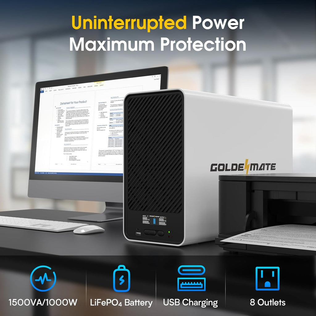 1500VA/1000W Lithium UPS Battery Backup and Surge Protector, Backup Battery Power Supply with LiFePO4 Batteries(296Wh), AVR, Line Interactive Sinewave UPS System, 8 Outlets, LCD Display