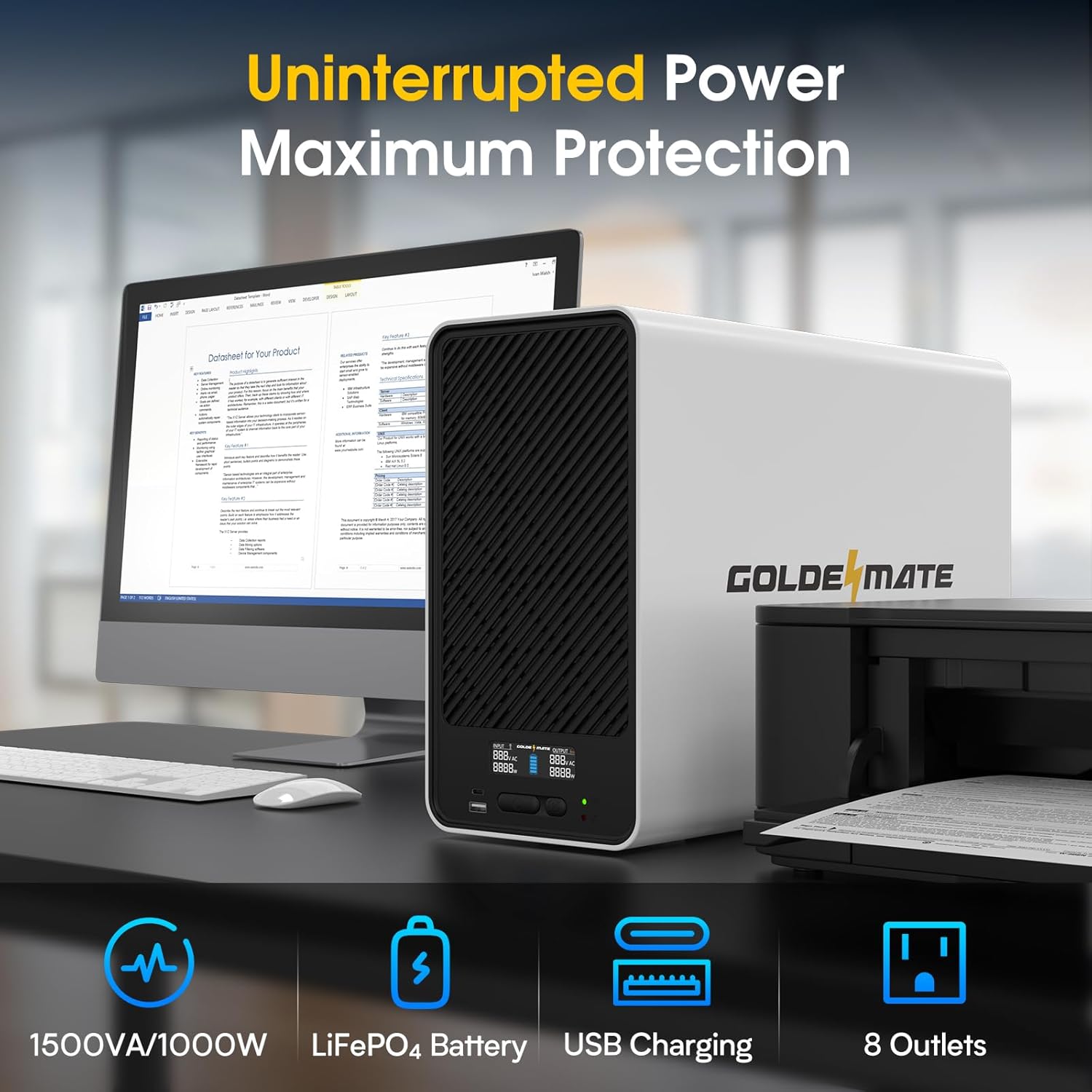 1500VA/1000W Lithium UPS Battery Backup and Surge Protector, Backup Battery Power Supply with LiFePO4 Batteries(296Wh), AVR, Line Interactive Sinewave UPS System, 8 Outlets, LCD Display