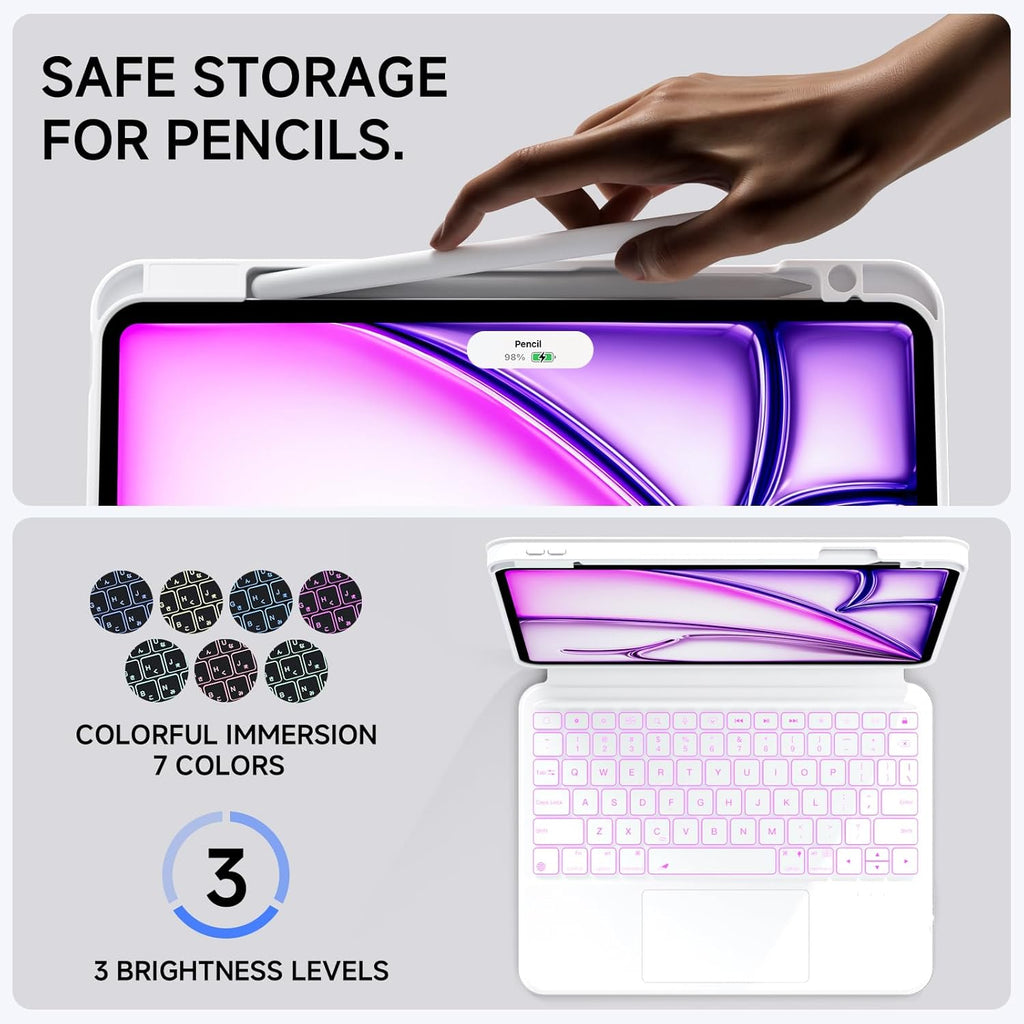 ONLY fit for 2024 M4 iPad Pro 11 inch Case with Keyboard Detachable Magic Keyboard Trackpad, 360 Rotating Cover with Pencil Holder Multi Angle Stand, 12 Shortcut Key, 7 Color Backlit, White