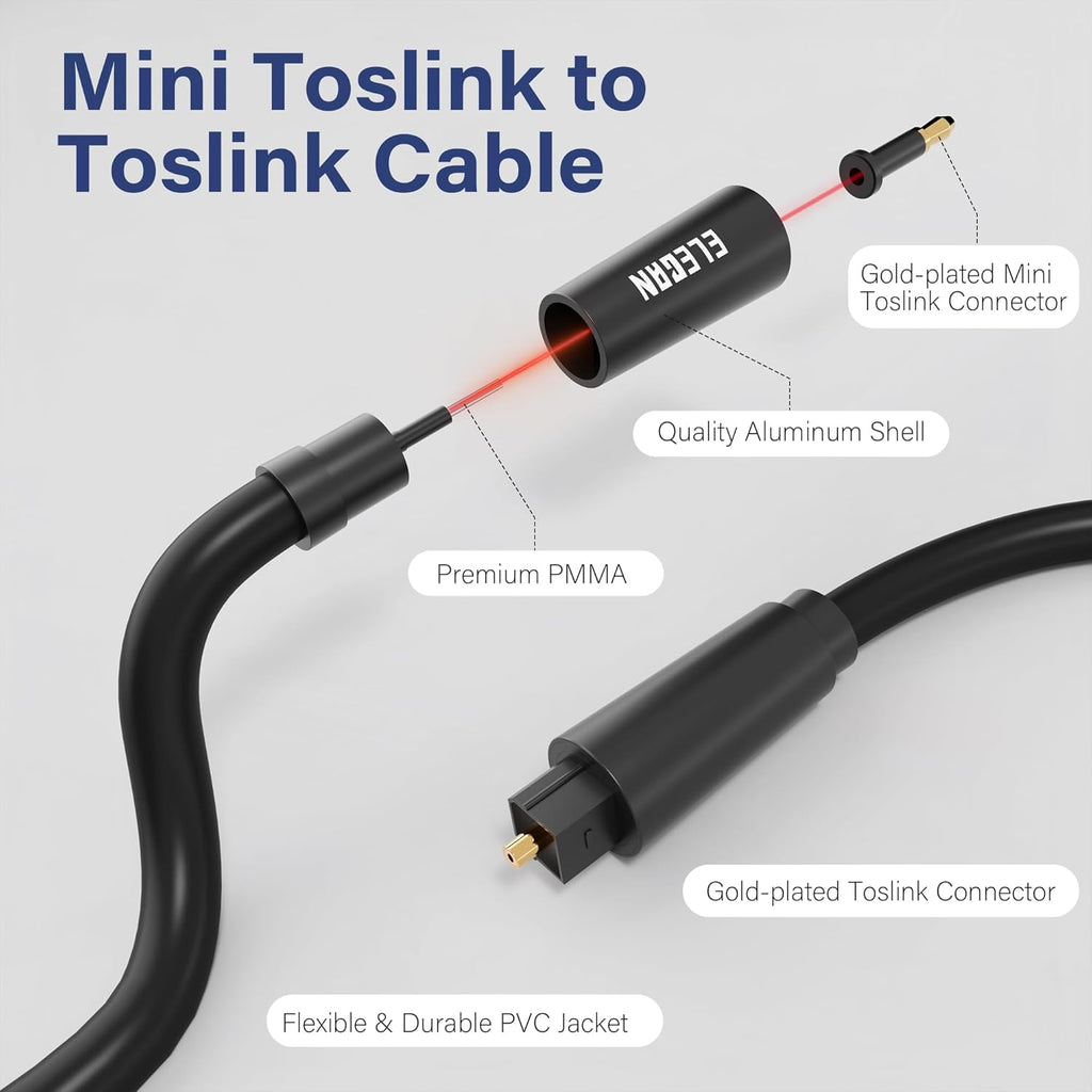 Elecan Mini Toslink to Toslink Digital Optical S/PDIF Audio Cable 8 Ft, Gold Plated Soft Flexible Fiber Optic Cable,Signal Protection PVC,Surround Sound for Soundbar,Home Theater,Hi-Fi System+Ties MI