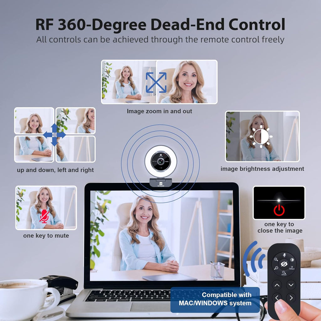 Zoomable Webcam with Remote Control, 1080P 60FPS Streaming with Ring Light and Microphone, Pro USB Webcam with 5X Digital Zoom and Privacy Cover for Zoom/Skype/Teams/PC/Laptop/Mac
