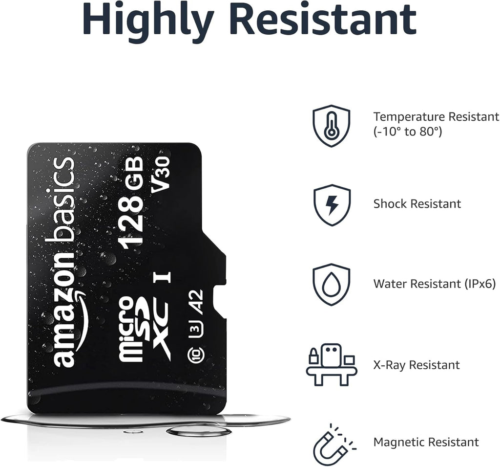 Amazon Basics Micro SDXC Memory Card with Full Size Adapter, A2, U3, Read Speed up to 100 MB/s, 128 GB, Black