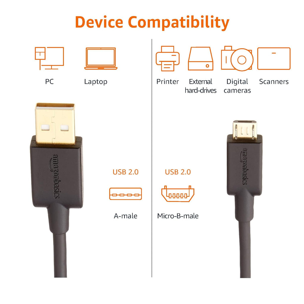 Amazon Basics 3-Pack USB-A to Micro USB Charging Cable, 480Mbps Transfer Speed with Gold-Plated Plugs, USB 2.0, 3 Foot, Black