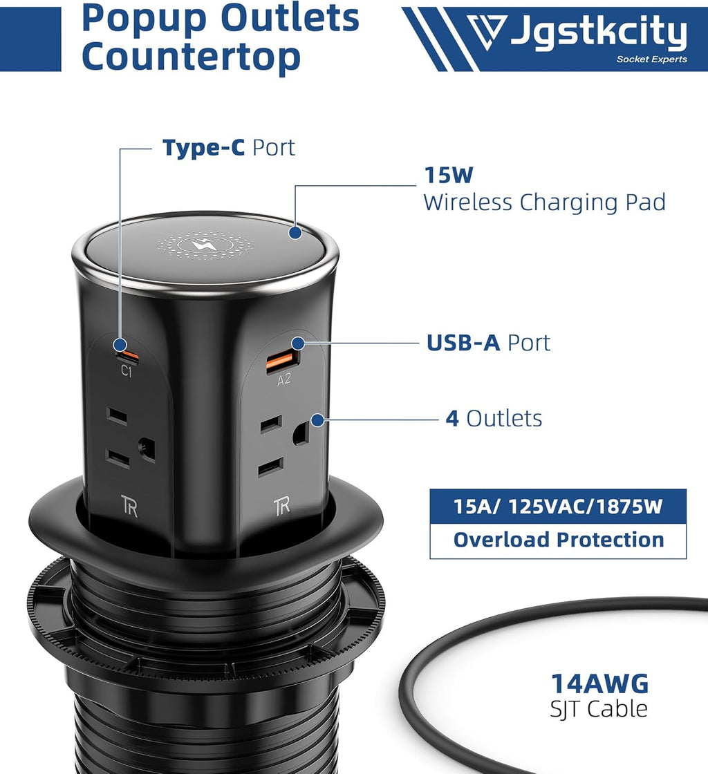 Jgstkcity Pop Up Outlet for Countertop 3.15-inch Desk Wire Hole Insert,9-in-1 Power Strip with 15W Wireless Charger,4 Outlets 4 USB Ports,15Amp Tamper Resistant Receptacle, ETL Listed (Black)
