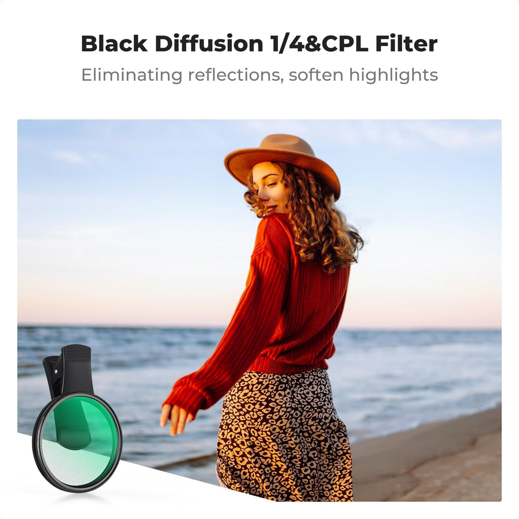 K&F Concept 67mm Clip-on Black Diffusion 1/4&CPL Phone Camera Lens Filter Kit, Mist Cinematic Effect Filter Compatible with iPhone 16 15 14 13 12 11, for Video/Vlog/Portrait Photography