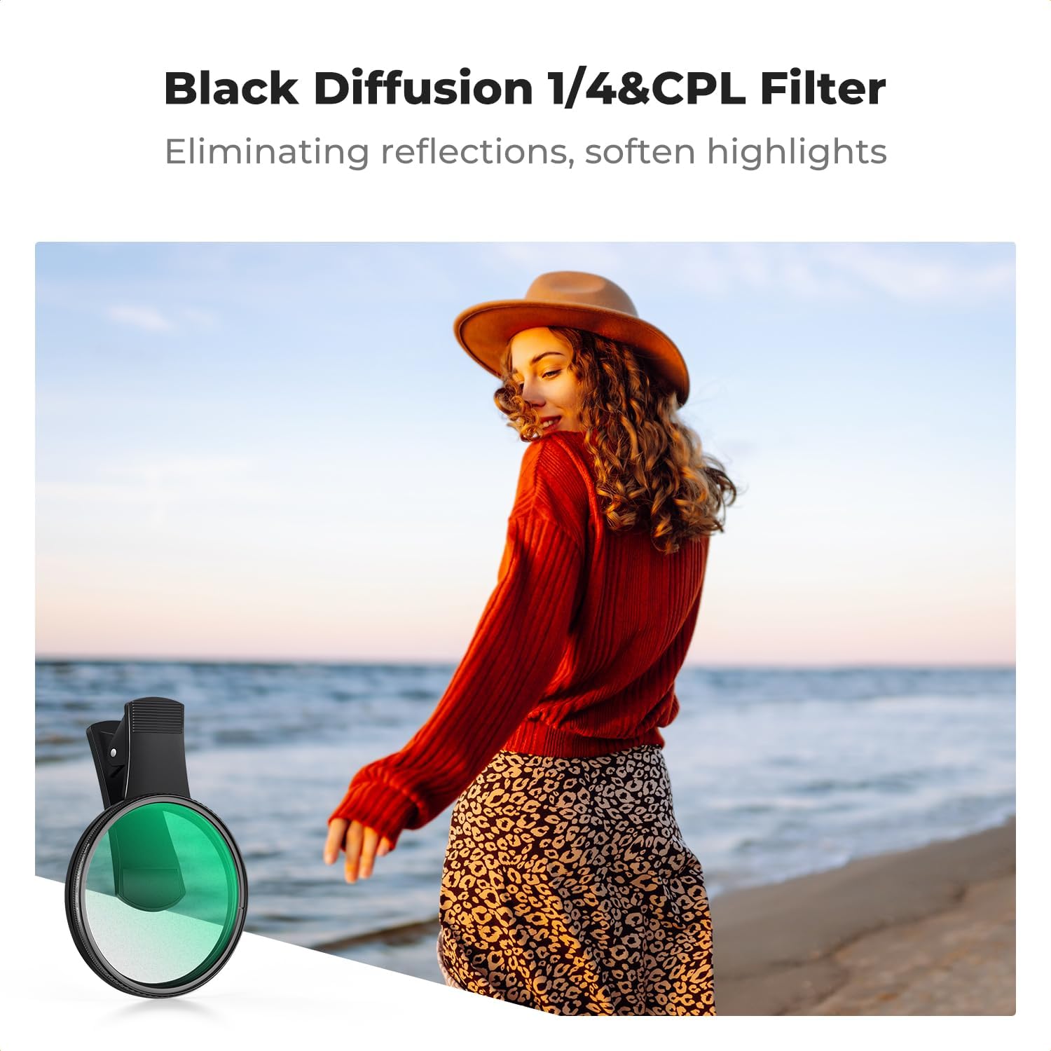 K&F Concept 67mm Clip-on Black Diffusion 1/4&CPL Phone Camera Lens Filter Kit, Mist Cinematic Effect Filter Compatible with iPhone 16 15 14 13 12 11, for Video/Vlog/Portrait Photography