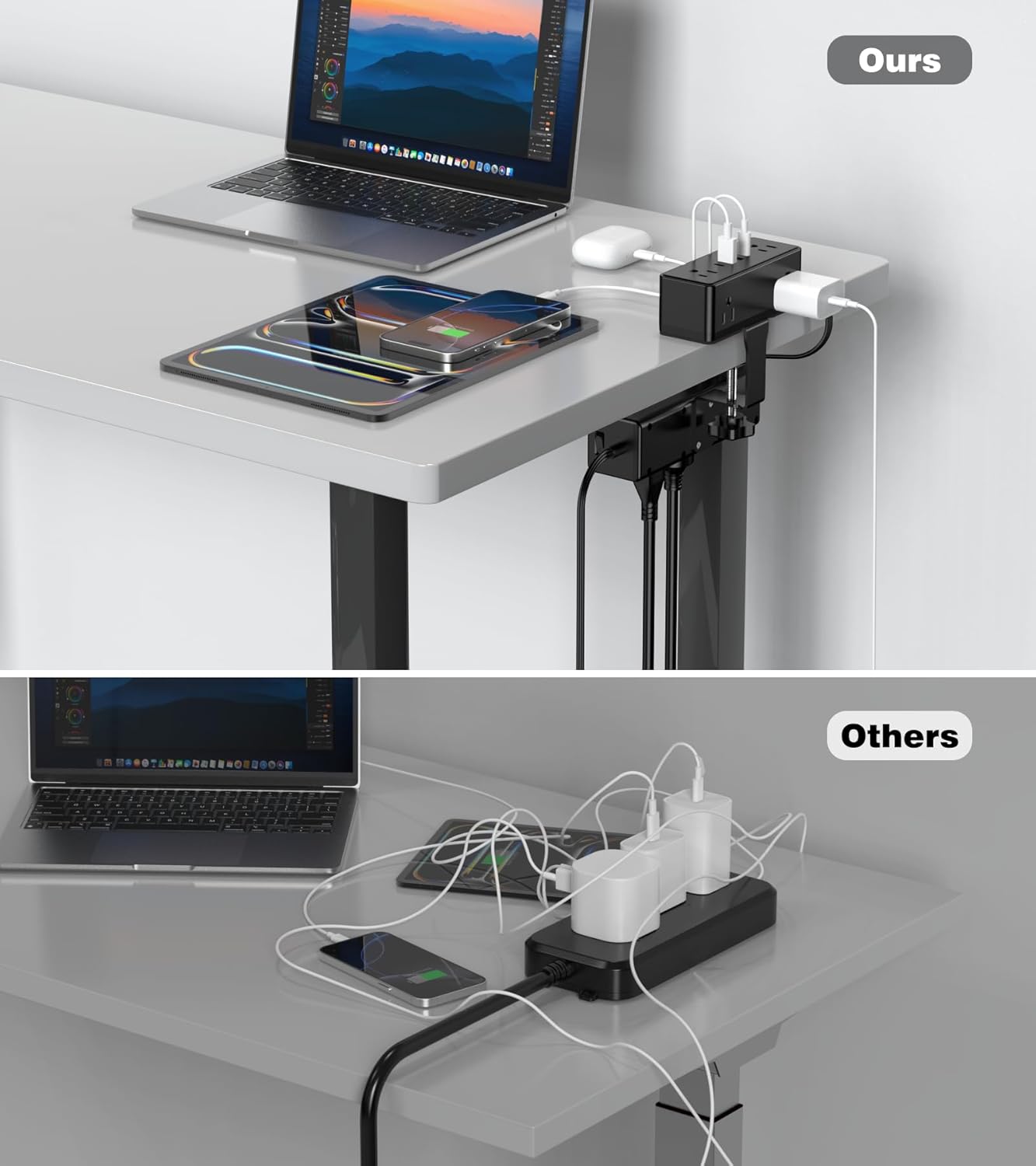 Dual Layer Desk Clamp Power Strip, Under Desk Power Strip with 4 USB Ports(2 USB-C) & 15 AC Outlets, Desk Mount Surge Protector, Ultra Thin Flat Plug & 10FT Power Cord for Office Home(ETL Listed)