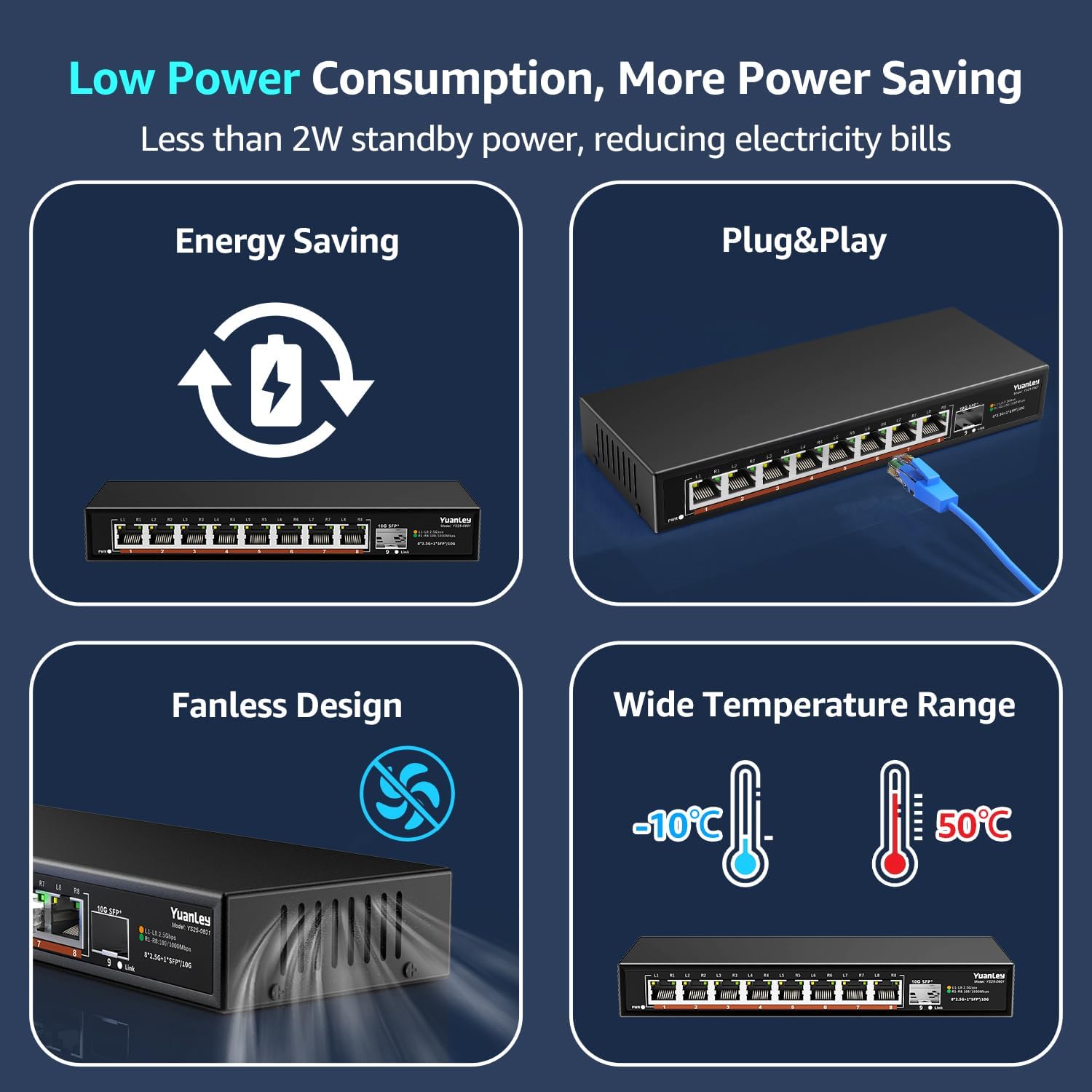 8 Port 2.5G Unmanaged Desktop Ethernet Switch with 10G SFP, 8 x 2.5G Base-T Ports, 60Gbps Switching Capacity, Compatible with 100/1000/2500Mbps, Metal Fanless, YuanLey 2.5Gbe Network Switch Wall Mount