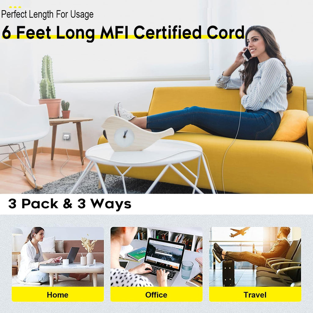 Fast Charger iPhone,i Phone Charge Cable,3Pack iPhone Charger Fast Charging 6Foot Phone Charging USB C Charge Adapter 6FT Type C to Lightning Cable for iPhone 14 Pro Max/14 Plus/13/12 Mini/11/10/XS/SE