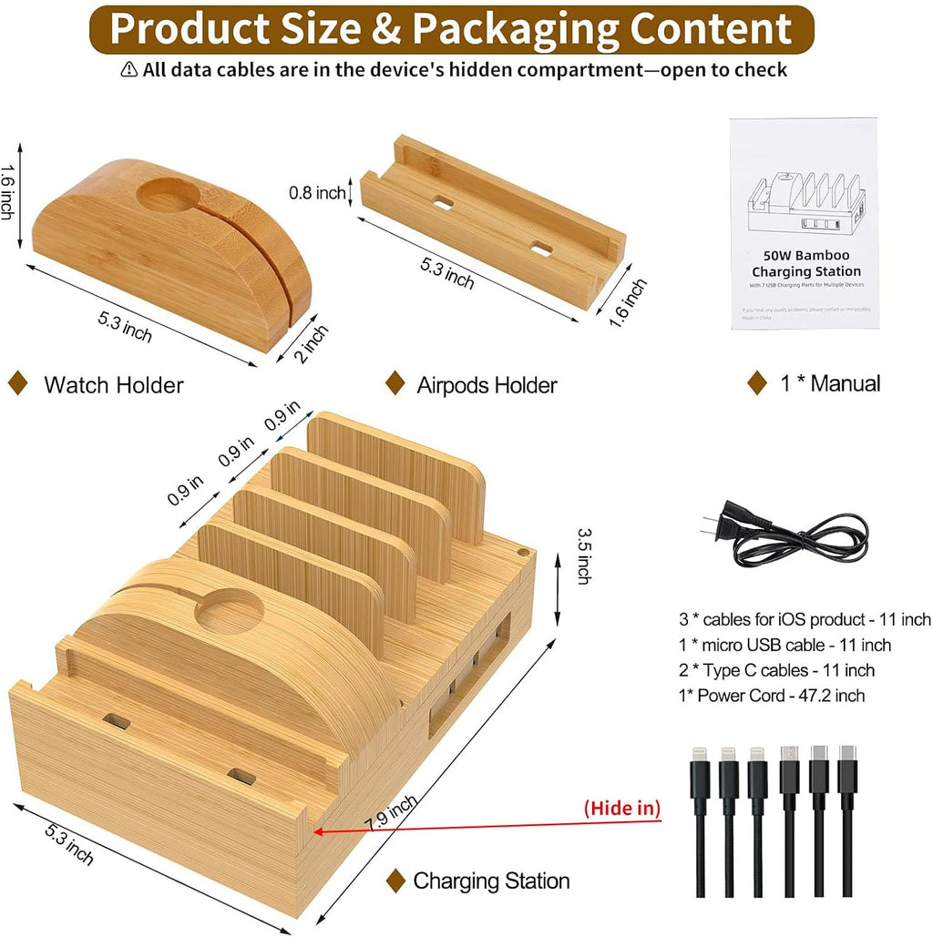 Bamboo Charging Station for Multiple Devices, Alltripal Wood Desktop Docking Station 7-Port Multi-Charger Organizer Fast USB Charger Compatible with iPhone, iPad, AirPods, iWatch, Cell Phone, Tablet