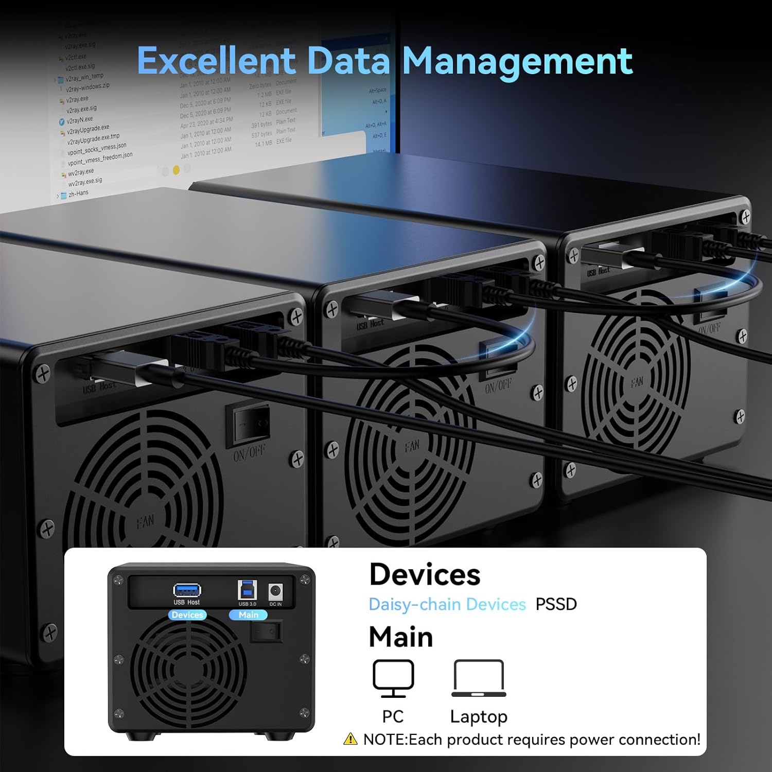 3 Bay Hard Drive Enclosure with Cooling Fan for 2.5“/3.5" SATA HDD/SSD with USB A/C 3.0, Support 60TB, Hot Swappable, Daisy Chain Expansion, Tool-Free HDD Enclosure, DAS(NO RAID/NAS)