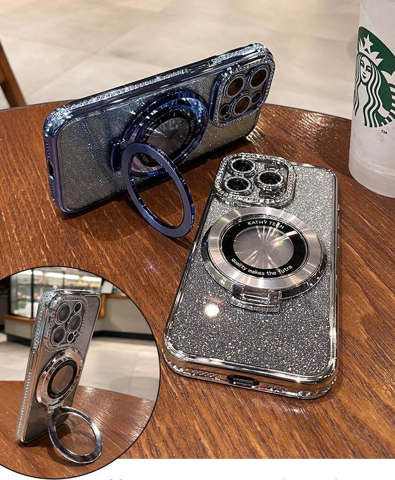 Magnetic Kickstand (Glitter Lens Protector ) Case for iPhone 15 14 13 12 Pro Max (Compatible with Magsafe ) Sparkling Diamond Cover Glitter Shiny Rhinestone Cases (Purple,for iPhone 13 Pro Max)