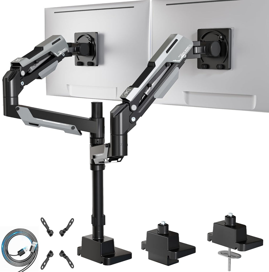 ARES WING Dual Monitor Mount, Adjustable Stacked Monitor Stand with USB A/C, Heavy Duty Gas Spring Monitor Desk Stand for 2 Monitors for 24-57 Inch Ultrawide Screen, 75/100/200 Vesa Mount, Black