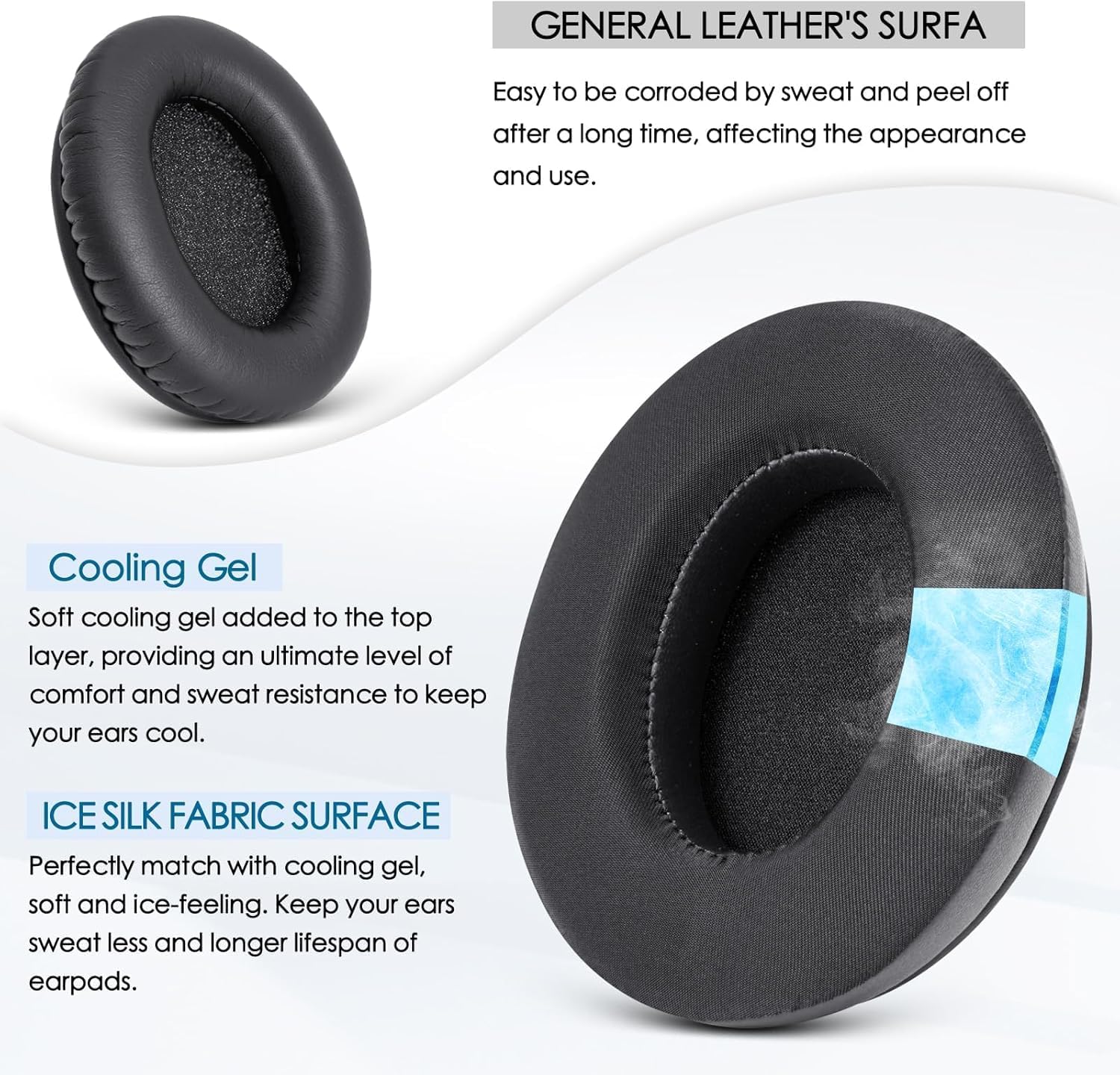 GVOEARS Cooling Gel Replacement Ear Pads for HyperX Cloud 1/2/3/Pro/Core/Alpha/Alpha S/Alpha Pro/Flight/Flight S/Stinger/Stinger S, CloudX Stinger Headset and More, Breathable Ice Silk Fabric - Black