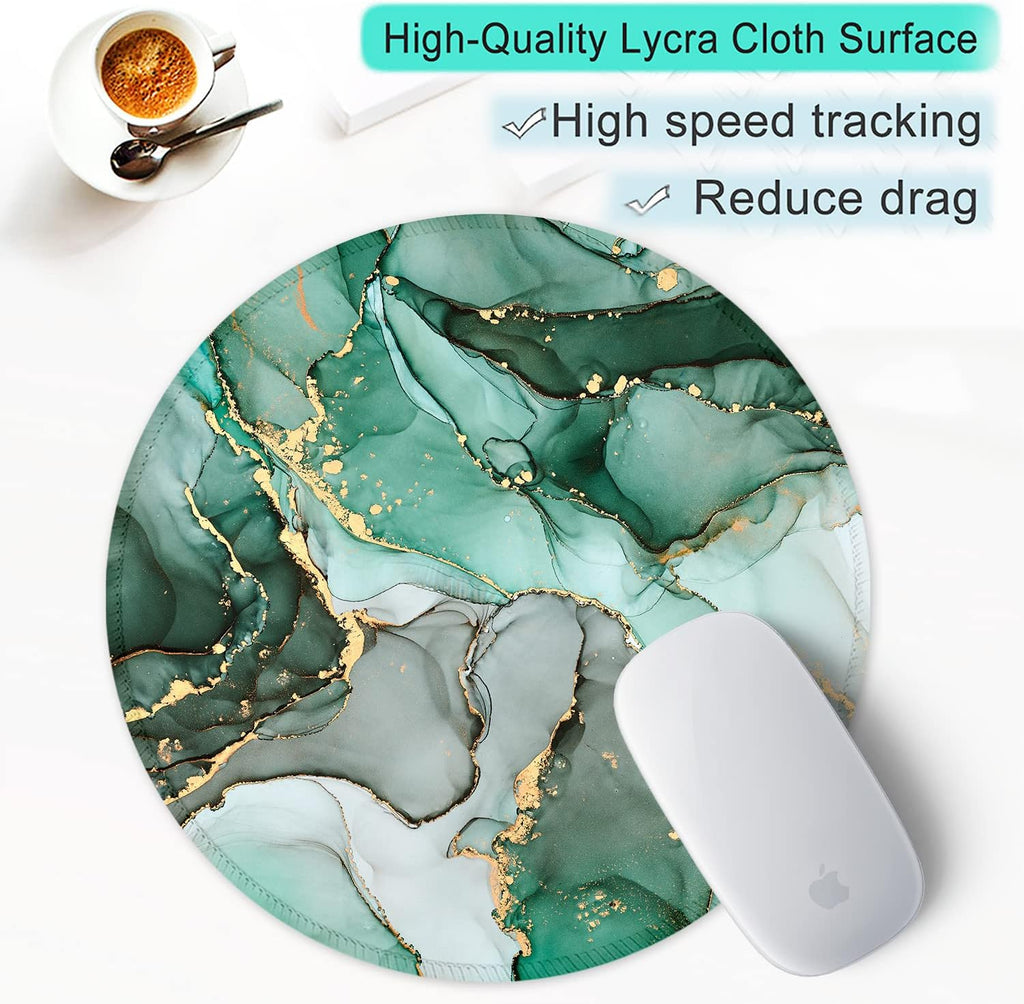 ITNRSIIET Round Mouse Pad with Stitched Edge Premium-Textured Waterproof Non-Slip Rubber Base Desktop Protection Mat Diameter 8.7 inches, Green Marble Texture