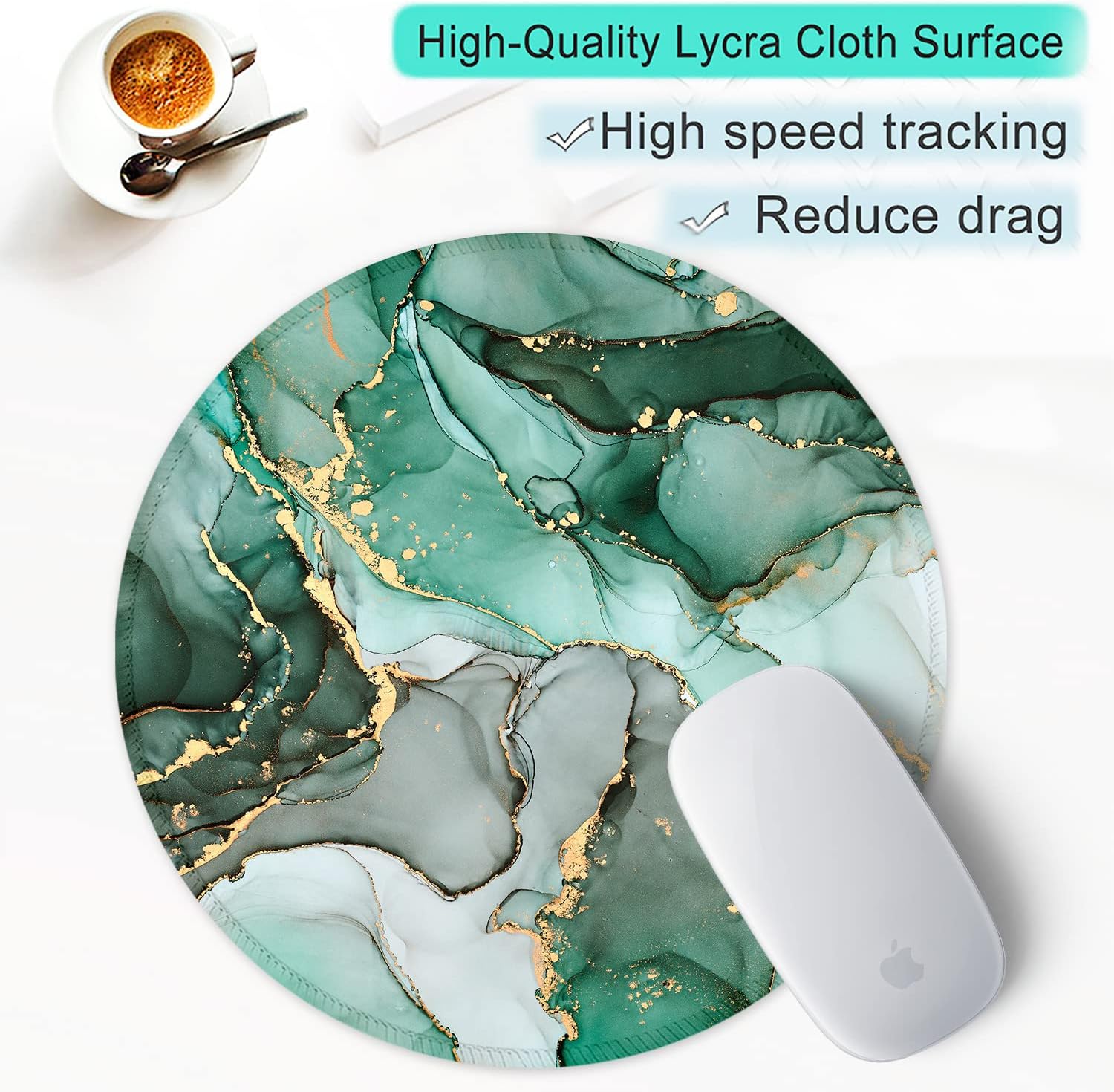 ITNRSIIET Round Mouse Pad with Stitched Edge Premium-Textured Waterproof Non-Slip Rubber Base Desktop Protection Mat Diameter 8.7 inches, Green Marble Texture