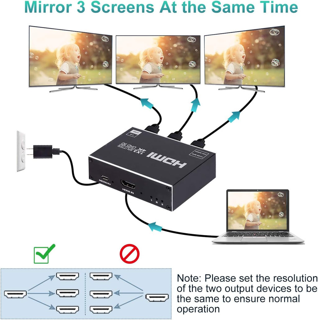 1x3 HDMI Splitter, 1 in 3 Out HDMI Splitter Audio Video Distributor Box Support 3D & 4K x 2K Compatible for HDTV, STB, DVD, PS3, Projector Etc