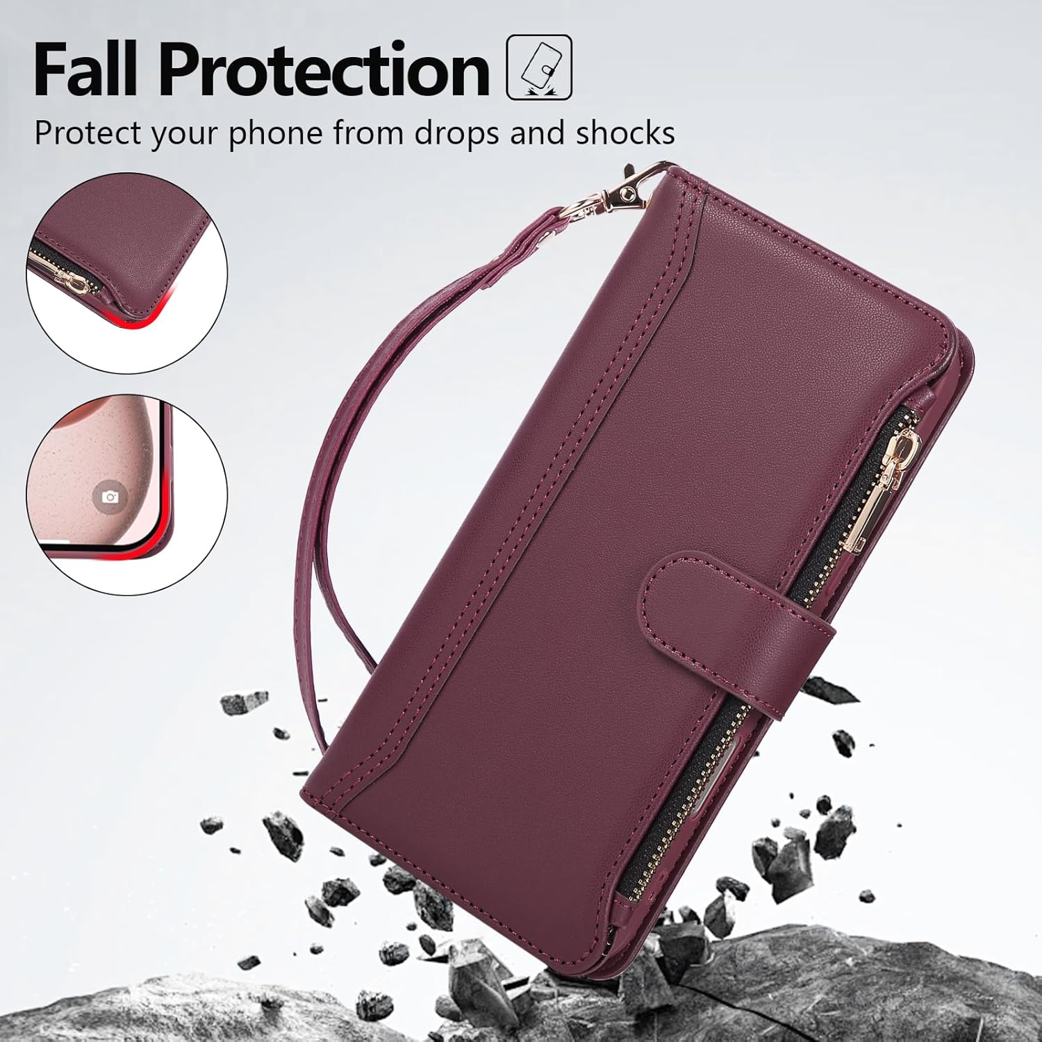 Compatible with iPhone 14 Pro Wallet Phone Case-PU Leather Magnetic Flip Cover with Credit Card Slots,Zipper Pocket & Detachable Wrist Strap,Shockproof Design,for Women and Men-Claret