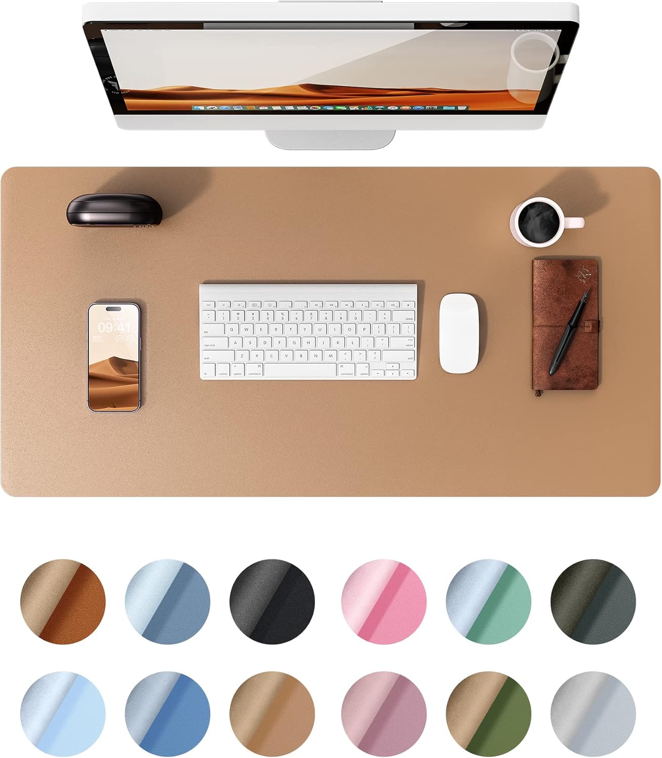 YSAGi Leather Desk Protector, Office Mat, Large Mouse Pad, Non-Slip PU Leather Blotter, Laptop Desk, Waterproof Writing Pad for Office and Home (Khaki, 35.4" x 17")