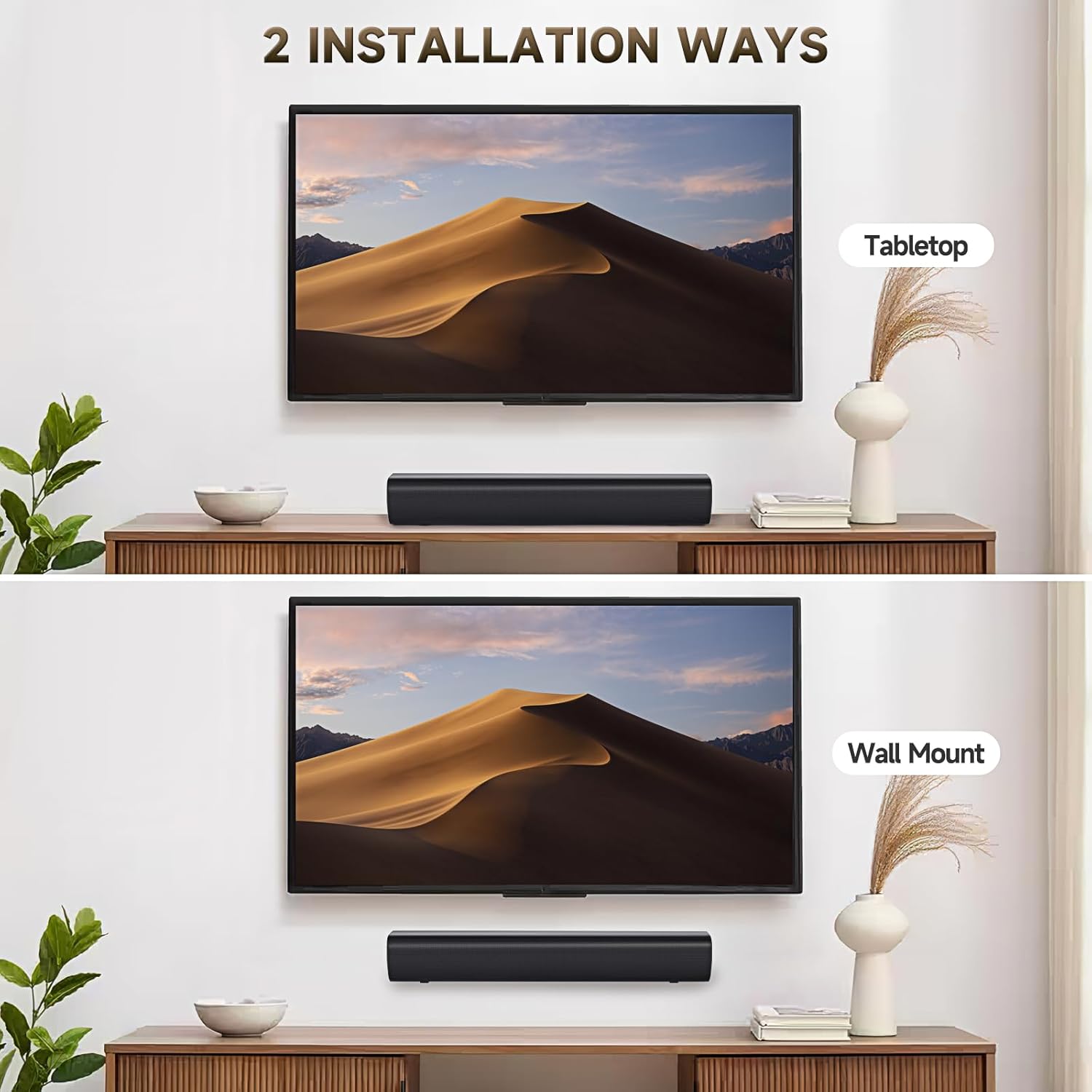 Sound Bar Speakers Bluetooth Wireless, TV Speakers Sound Bar Subwoofer, Home Theater Surround Sound Bar HDMI(ARC) Optical AUX USB 2.1ch Home Audio Sound System TV PC Wall Mount, Ebblack