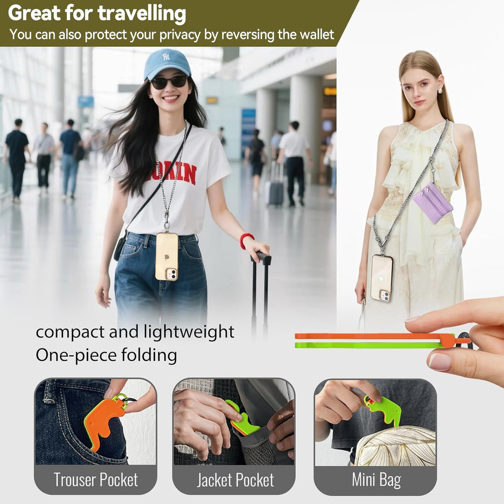 Clip and Go Strap for Phone Silver Metal Chain with Purple Pouch Wallet Crossbody Phone Lanyard for Women with Cell Phone Stand Holder 2 Patches Tether Adjustable Anti Theft for iPhone 16 Pro 15 All