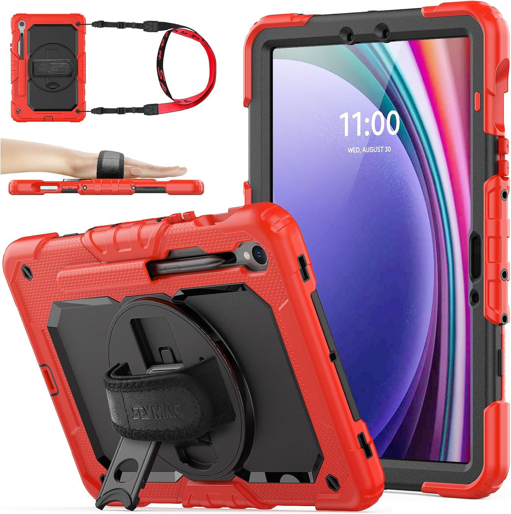SEYMAC stock Case for Samsung Galaxy Tab S10 FE / S9 / S9 FE 5G Tablet Case Protective with Screen Protector, Pencil Holder, 360 Rotate Stand, Hand Strap, Shoulder Strap, Red