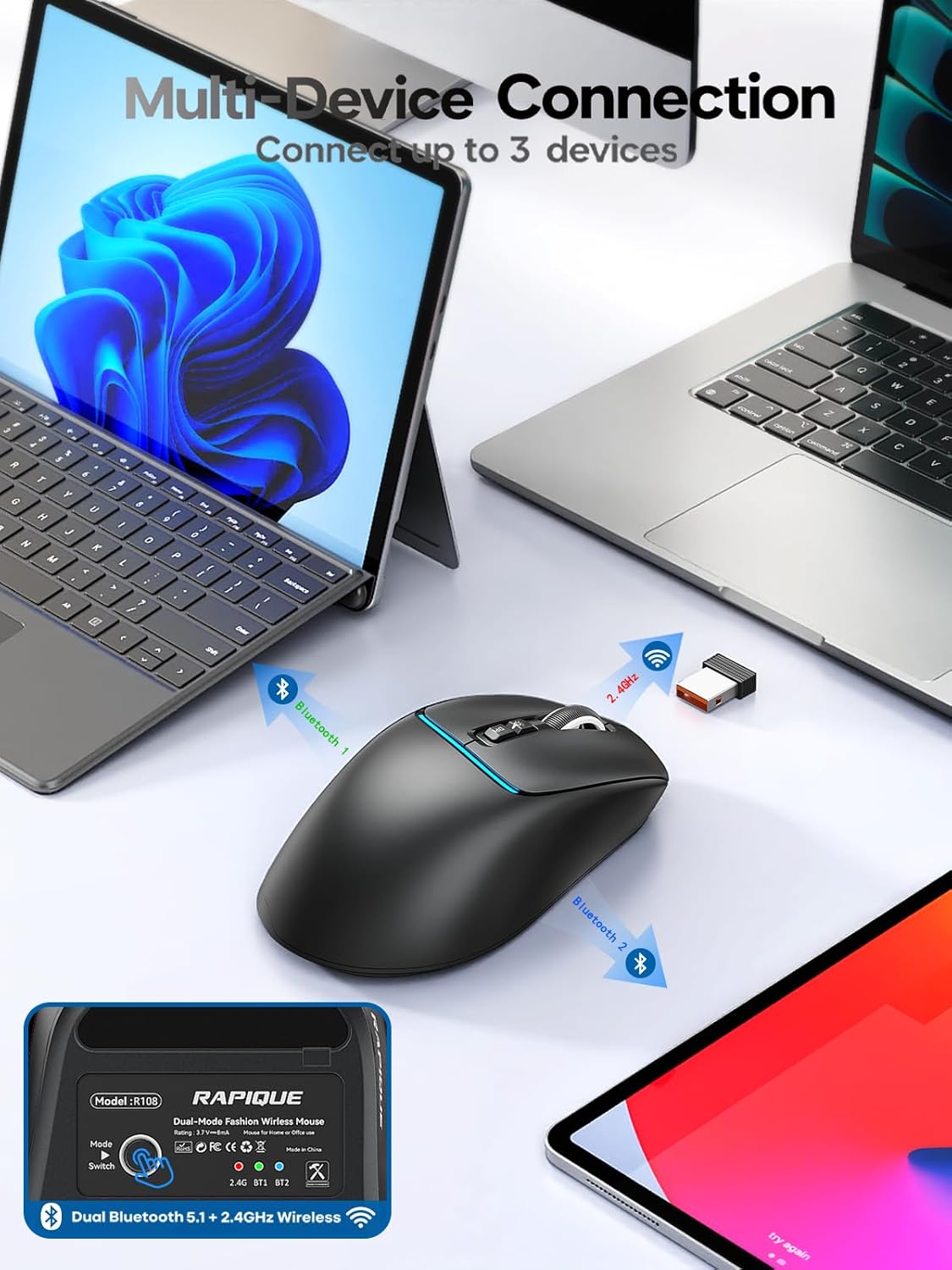 R108 Bluetooth Wireless Mouse – Dual Bluetooth ＆ 2.4GHz USB Receiver, 4 DPI Levels (1000–3200), Type-C Rechargeable, Ergonomic Right-Hand Grip, Silent Click, for Computer/Mac/Laptop - Black