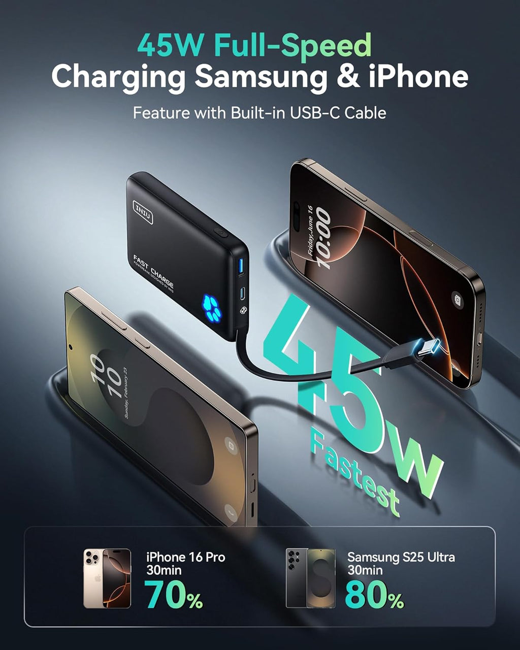INIU 45W Portable Charger, 10000mAh Built-in USB C Cable Fast Charging Power Bank, Small Type C Battery Pack, Powerbank for iPhone 16 15 14 13, iPad, Samsung S25 S24 etc. Travel Camping Essentials