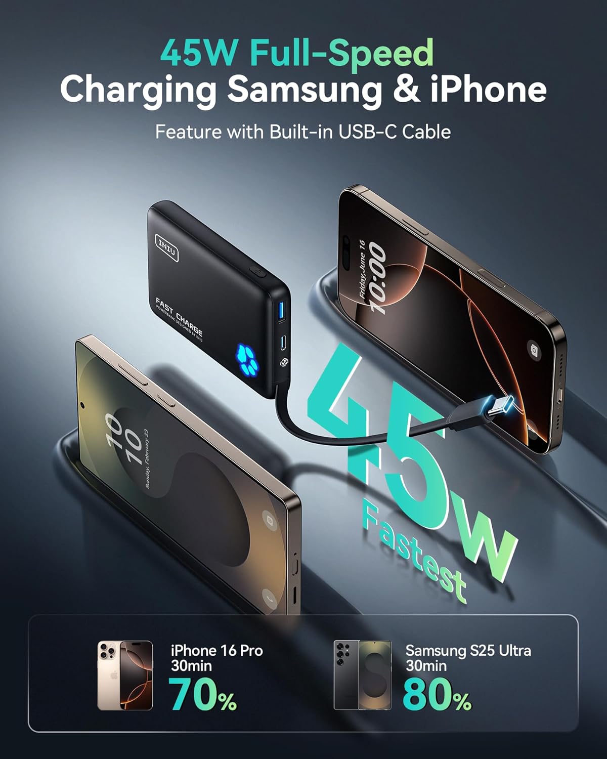 INIU 45W Portable Charger, 10000mAh Built-in USB C Cable Fast Charging Power Bank, Small Type C Battery Pack, Powerbank for iPhone 16 15 14 13, iPad, Samsung S25 S24 etc. Travel Camping Essentials
