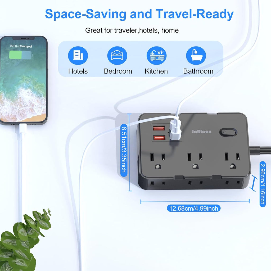 Flat Plug Power Strip Surge Protector, 5ft Ultra Thin Extension Cord with 4 USB Wall Charger(2 USB C Port), 6 Widely-Spaced Outlets Power Strip Compact for Travel, Office, Dorm Room Essentials (Black)