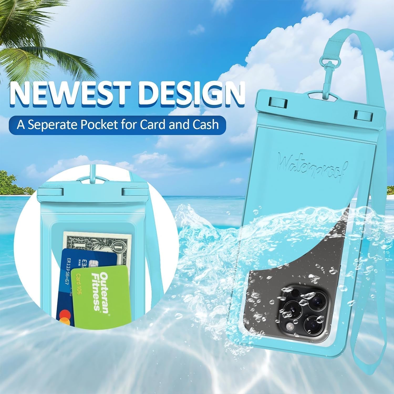 Waterproof Phone Case, with Inside Card Holder, Large Waterproof Pouch for iPhone 16 15 14 13 Pro Max, IPX8 Certified Cellphone Travel Accessories for Vacation Must Haves, 1 Pack-Blue-8.3″