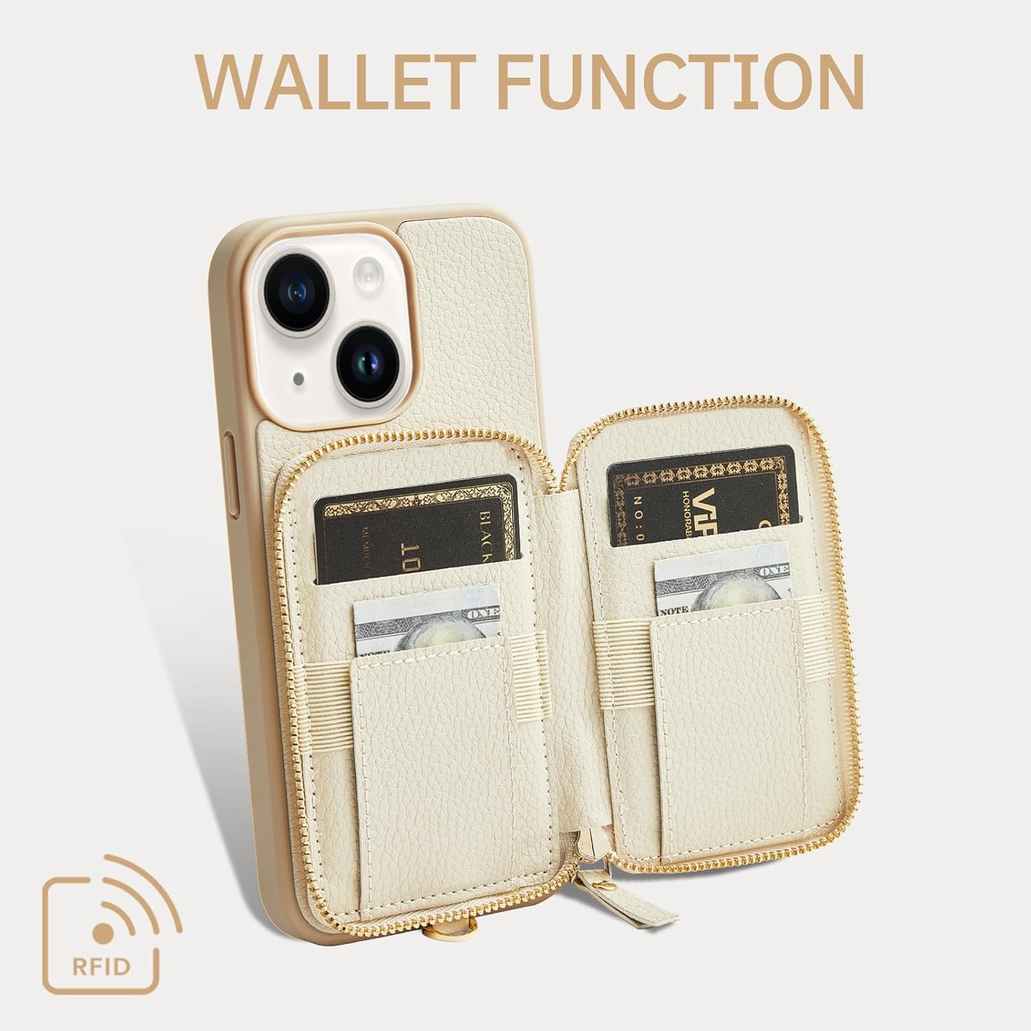 ZVE Wallet Case for iPhone 15, Phone Case with Card Holder Wrist Strap Compatible iPhone 15, RFID Blocking Zipper Leather Gift Cover for Women for iPhone 15, 6.1"(2023) - Beige