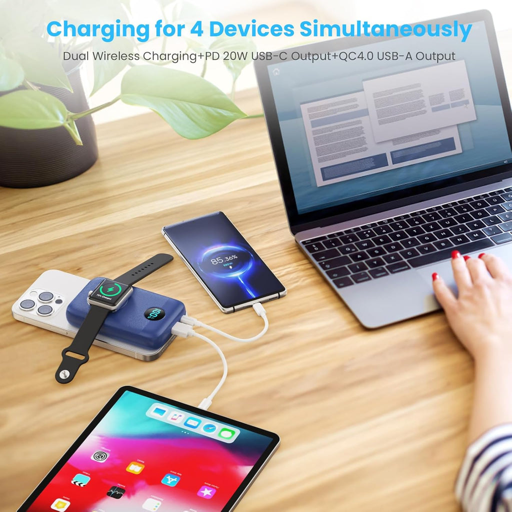 Magnetic Portable Charger 10800mAh,4-in-1 Wireless Power Bank with iWatch Charger, QC4.0+20W PD Fast Charging USB C Battery Pack with LCD Display for Magsafe,iPhone 16/15/14/13/12,Apple Watch (Blue)