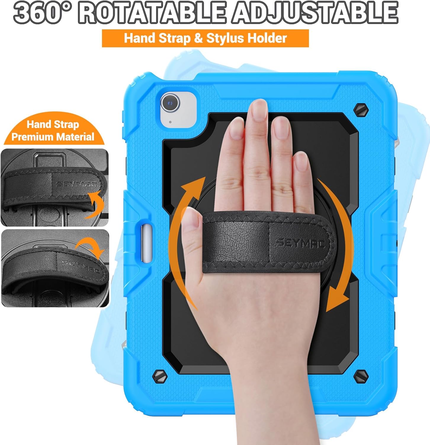 SEYMAC for iPad Air 5th/ 4th Generation Case 10.9", Full-Body Shockproof Protective Case with Screen Protector, Rotating Stand/Handle/Shoulder Strap/Pencil Holder for iPad Air 5/ Air 4, Sky Blue