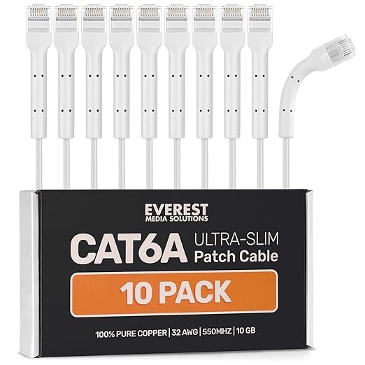 Everest Ultra Slim Cat6a Ethernet Patch Cables 2ft White by EverestMediaSolutions