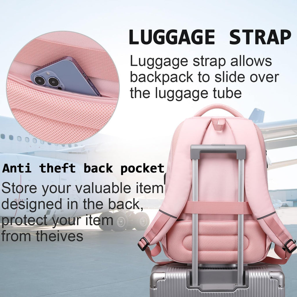 Laptop Backpack,Business Travel Anti Theft Slim Durable Laptops Backpack with USB Charging Port,Water Resistant College Computer Bag for Women & Men Fits 15.6 Inch Laptop and Notebook-Light Pink