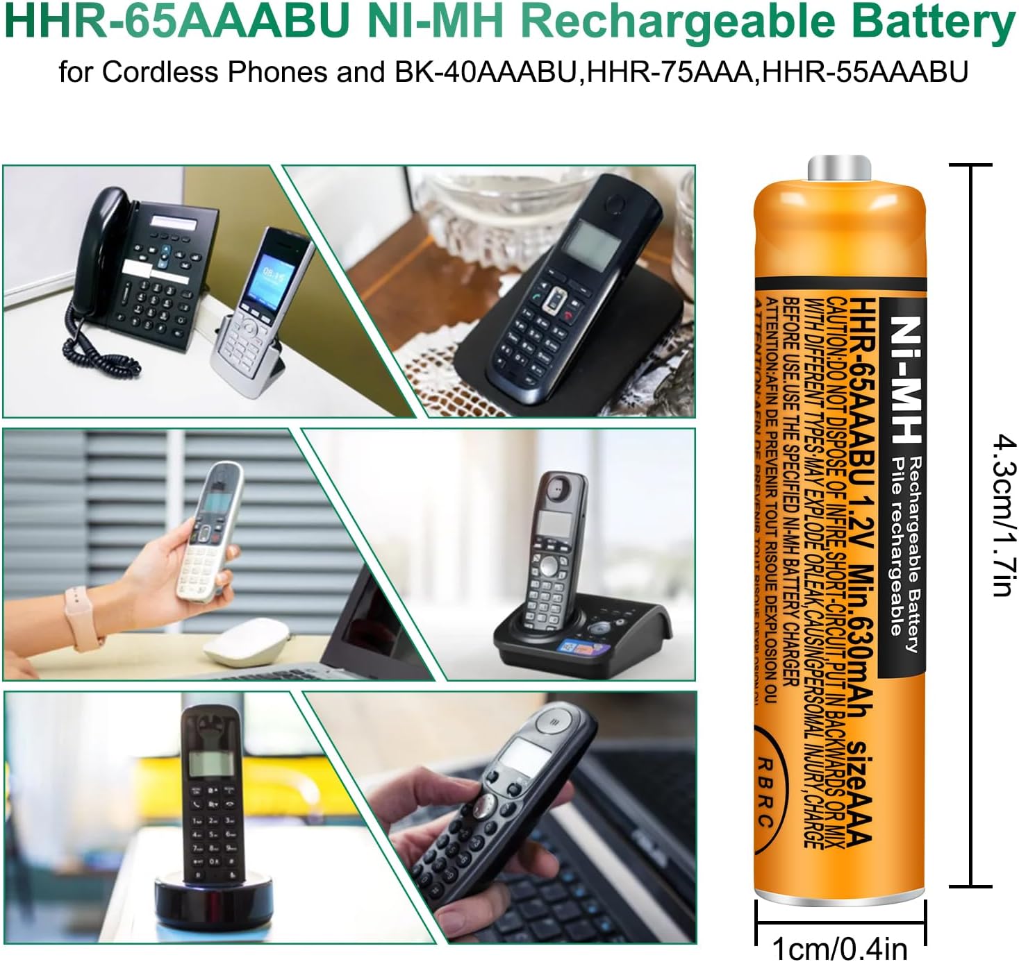 6 Pack HHR-65AAABU NI-MH Rechargeable Batteries 1.2V 630mAh AAA Battery for Panasonic Cordless Telephone Batteries