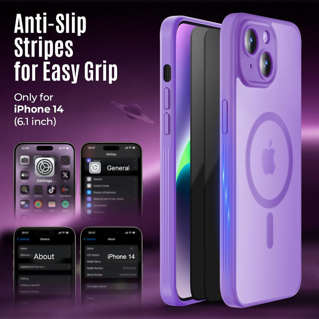 Designed for iPhone 14 Case, Compatible with MagSafe, with Privacy Screen Protectors X2, [Camera Protection] [15FT Military Drop Protection] Shockproof Phone Case, 6.1", Light Purple