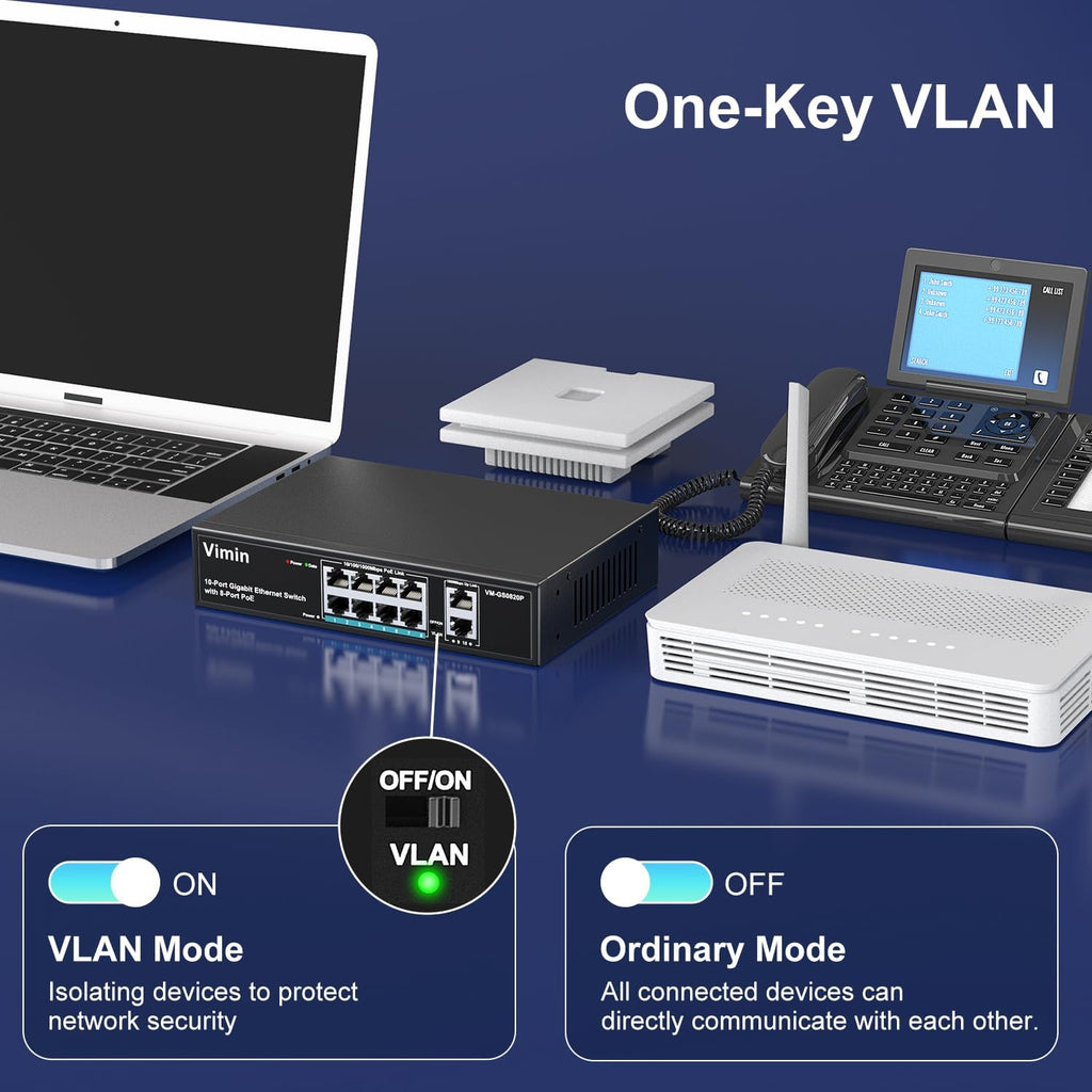 8 Port Gigabit PoE Switch with 2 Uplink Gigabit Ports, VIMIN 10 Port Unmanaged Ethernet PoE Switch with 120W Power, Support IEEE802.3af/at, VLAN, Metal Housing, Desktop or Wall-Mount, Plug & Play