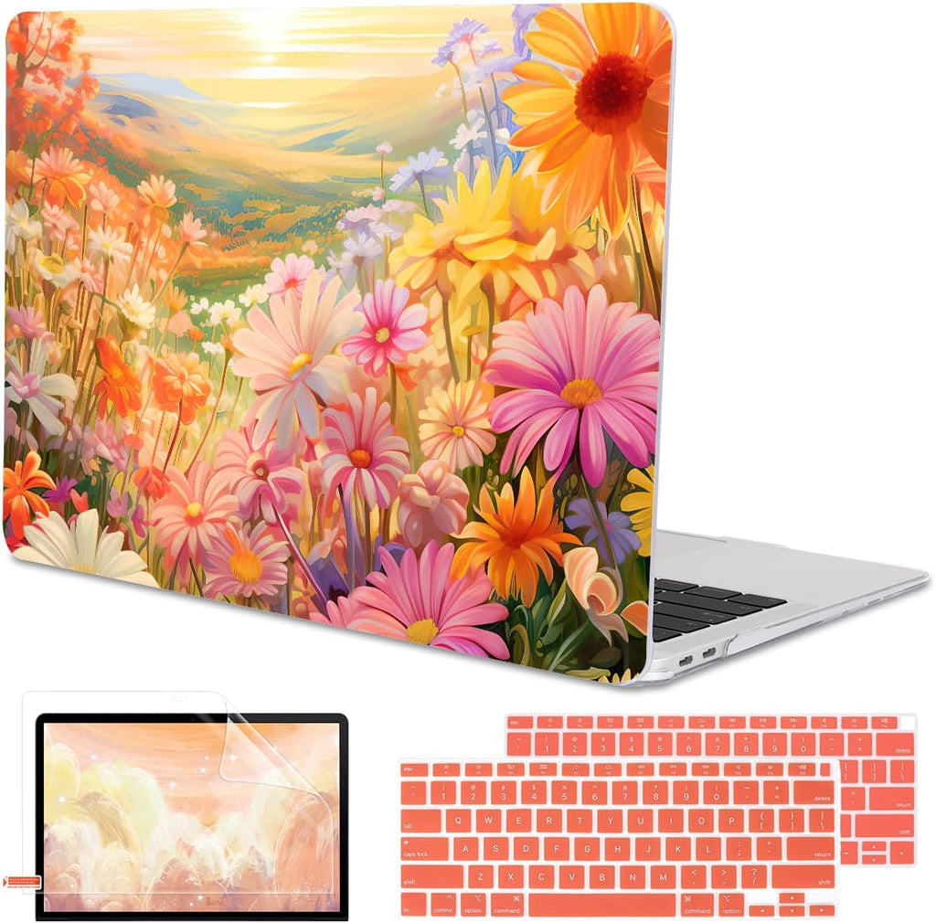 Compatible with MacBook Air 13 Inch Case 2021 2020 2019 2018 Release M1 A2337 A2179 A1932 Touch ID, Clear Plastic Hard Shell Case Keyboard Cover Screen Film, Watercolor Daisies
