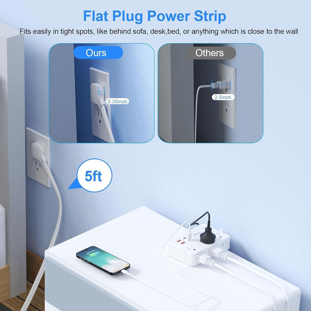 Flat Plug Power Strip Surge Protector, 5ft Ultra Thin Extension Cord with 4 USB Wall Charger(2 USB C Port), 6 Widely-Spaced Outlets Power Strip Compact for Travel, Office, Dorm Room Essentials (White)