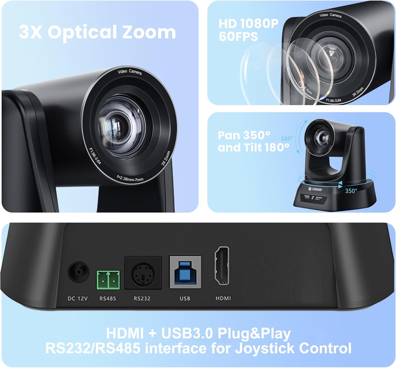 TONGVEO 3X Optical Zoom PTZ Camera HDMI USB 3.0 1080P 60fps 114-Degree Wide-Angle for Video Conference Business Meeting Live Streaming Online Learn with Zoom YouTube Teams OBS and More