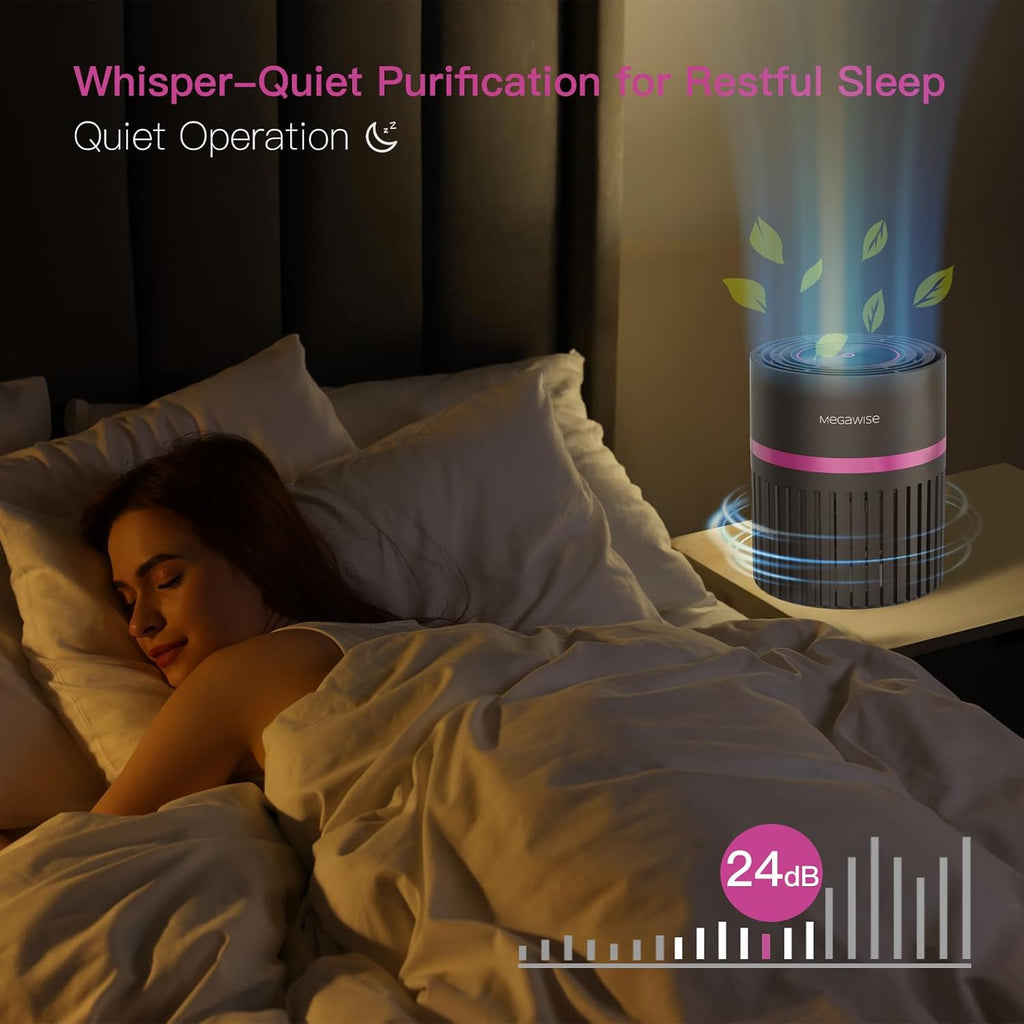 MEGAWISE Office Air Purifier with 3-in-1 HEPA Filter Desktop Air Cleaner for Smoke, Dust, Pollen, Pet Dander, HEPA Air Purifier for Home and Bedroom, 100% Ozone Free (Available for California)