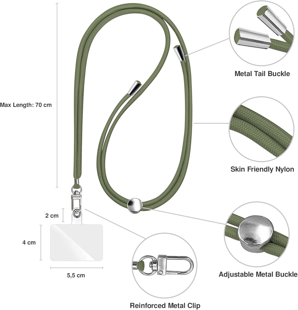 Cell Phone Lanyard [Army Green] - Comfortable Universal Smartphone Lanyard - Easy to Use Neck Phone Holder [Clear Patch] - Adjustable Length Phone Strap Crossbody - Fits All Mobile Phones