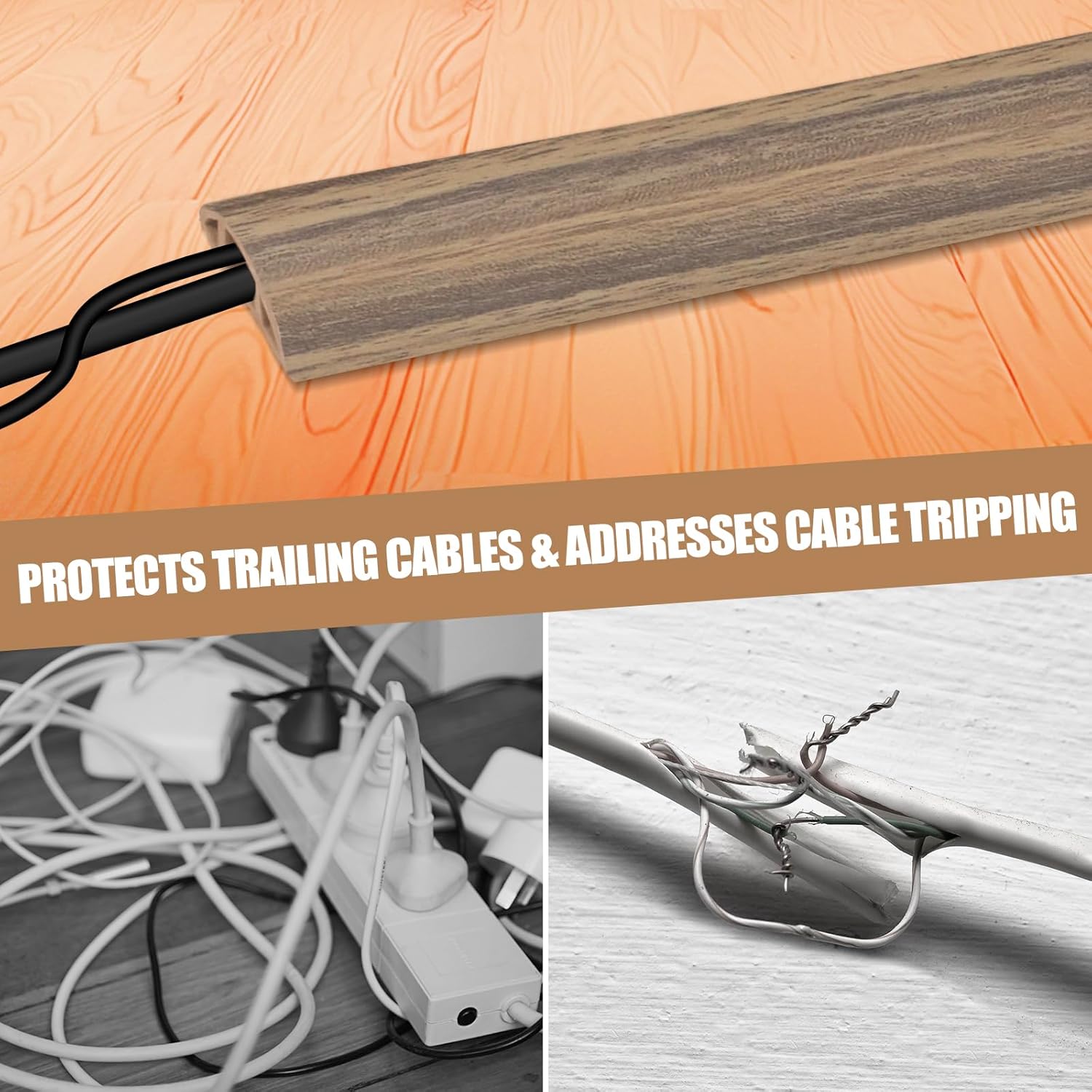 Floor Cord Cover Self Adhesive Cord Hider,3.3FT Cable Management, Extension Strip Protector for Wires, Prevent Cable Trips for Offices, Gyms, Exhibitions Cavity:0.51"(W) x0.3(H) Woodsmokedbrown