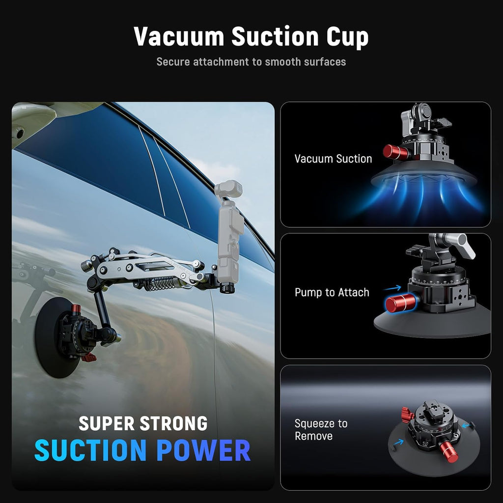 NEEWER Vacuum Suction Cup Car Mount for Action Camera with Hydraulic Boom Arm, NATO Rail, Compatible with DJI Osmo Pocket 3 Insts360 X5 X4 X3 GoPro Hero Adapter Mobile Phone Holder, 500 g Max Load