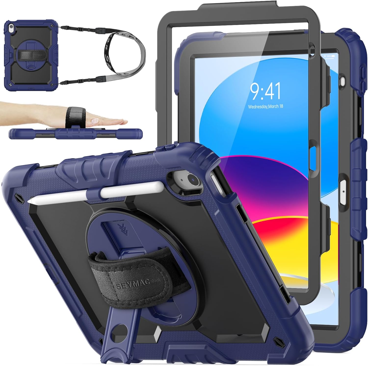 SEYMAC stock Case for iPad (A16) 11th/10th Generation 11''/10.9'' 2025/2022, Full-Body Drop Protection Case with Screen Protector &360° Rotate Hand Strap/Stand, Navy Blue